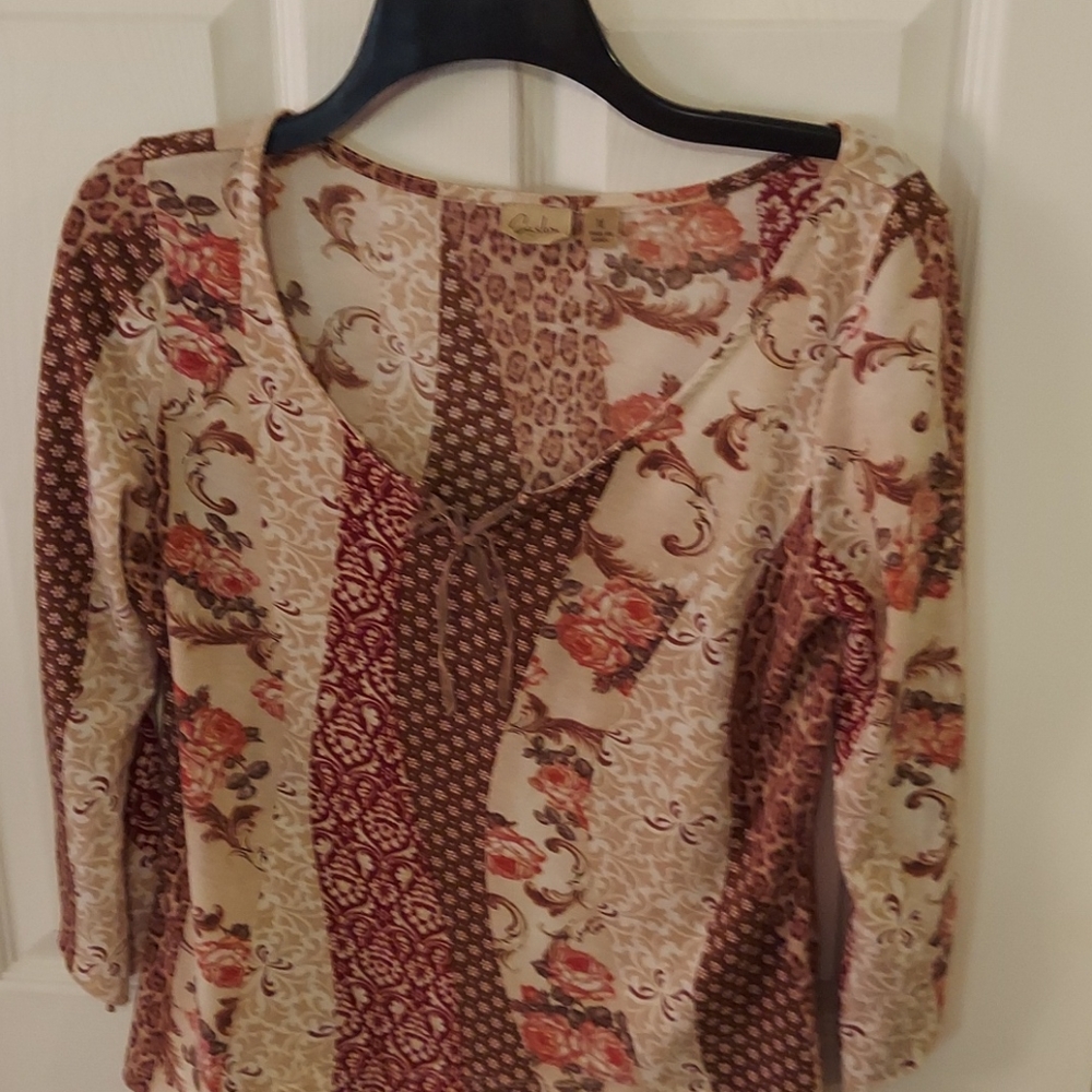 Caslon boho tie neck 3/4 sleeve mixed print top Medium